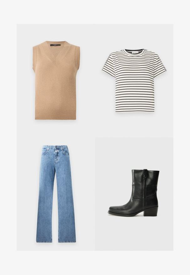 Beežist kootud varrukateta kampsunisärk V-kaelusega, kaeluse, käeavade ja ääre soonikkoes servadega, valgel taustal.; Puuvillane lühikeste varrukatega T-särk, ümarate kaelustega, millel on mustad vertikaalsed triibud valgel taustal ja sirge lõige.; Heledad denim-jedid, millel on lai jalg, viis taskut, vööloopid ning nupuga sulgemine. Kangas on sileda tekstuuriga.; Musta nahast pahkluu saabas ümarate varvastega, plokknäppu, külgsepa ja pealsetel õmblusest aktsentidega. Sile tekstuur, klassikaline disain.