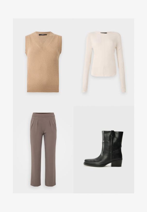 Beige gestrickte Ärmellose Strickweste mit V-Ausschnitt und gerippten Kanten an Ausschnitt, Armausschnitten und Saum, auf weißem Hintergrund präsentiert.; Langärmliges, hellbeiges Oberteil mit rundem Ausschnitt. Aus weichem Stoff gefertigt, verfügt es über eine zentrale Naht und einen leicht geschwungenen Saum. Keine sichtbaren Beschläge.; Taupe-lockere Hose mit elastischem Bund und vorderen Falten, gefertigt aus glattem Stoff.; Schwarze Leder-Ankle Boots mit runder Zehenform, Blockabsatz, seitlichem Reißverschluss und gestickten Akzenten auf dem Blatt. Glatte Textur, klassisches Design.