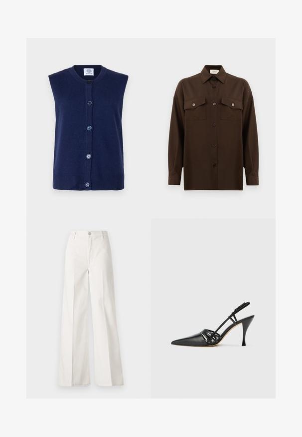 Navy sleeveless cardigan made of knitted fabric, featuring a round neckline, front button closure, and ribbed hem with five blue buttons.; Dark brown long-sleeve button-up shirt with two flap chest pockets and a classic collar, displayed against a plain white background.; White wide-leg trousers made from cotton with a smooth texture. Features a front button, zipper fly, and four-pocket design.; Black leather high-heeled slingback shoe with pointed toe, crisscross strap design, and slim stiletto heel. Smooth texture and minimal accents.