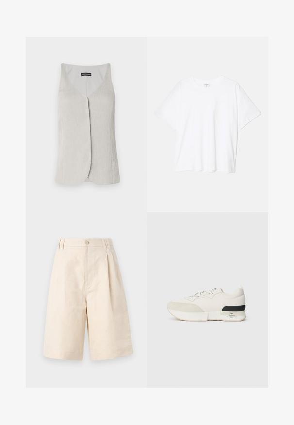 Lys grå, ermeløs topp med V-hals-design. Laget av teksturert stoff med et subtilt ribbet mønster og en rett fasong.; Hvit bomulls t-skjorte med korte ermer, rund hals, avslappet passform og sydd kant. Merke synlig på innsiden av halsen.; Beige linshorts med avslappet passform, med knappeåpning, plissédesign og kne-lengde. Glatt tekstur og enkel stil.; Hvite sneakers med en teksturert ser ut som en suede tåhette, glatt mesh-overdel, dekorative snørebånd og en svart gummihælaccent.