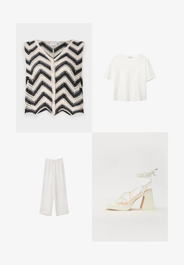 Crni i krem čipkasti prsluk s uzorkom chevron, V-izrezom i prednjim dugmadi. Tekstuirana tkanina i detalj s valovitim rubom.; Bijela majica kratkih rukava od pamuka. Ima okrugli izrez i opušteni kroj. Glatka tekstura bez vidljivih uzoraka ili naglasaka.; Bijele hlače širokih nogavica napravljene od lagane tkanine. Imaju elastičan pojas s ušicom i bočne džepove. Glatka tekstura.; Bijela sandala na visokoj potpetici s debelim petom, s remenom i vezanjem oko gležnja. Glatka tekstura s platformom sprijeda za dodatnu visinu.