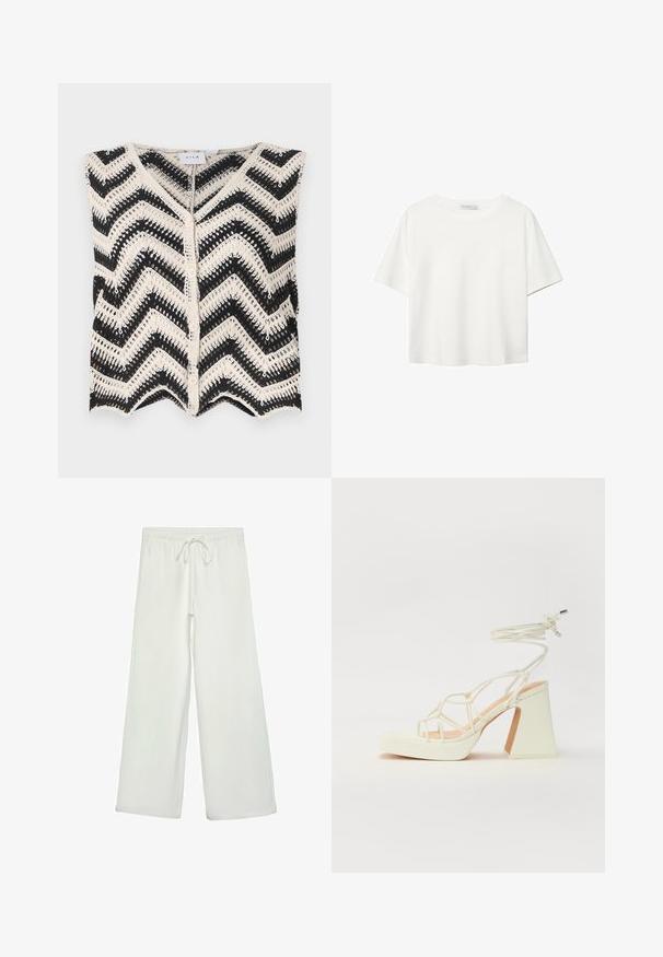 Svart och krämfärgad virkad väst med ett chevronmönster, V-ringning och framknappar. Texturerad tyg och scallopad nederkant.; Vit t-shirt med kort ärm i bomull. Har en rundad halsringning och en avslappnad passform. Slät textur utan synliga mönster eller detaljer.; Vita vida byxor i mjukt tyg. Har en elastisk midja med dragsko och en slät yta. Inga synliga mönster eller metalldetaljer.; Vit högklackad sandal med en kraftig klack, med ett remdesign och ankelband. Slät textur med en plattform framtill för ökad höjd.