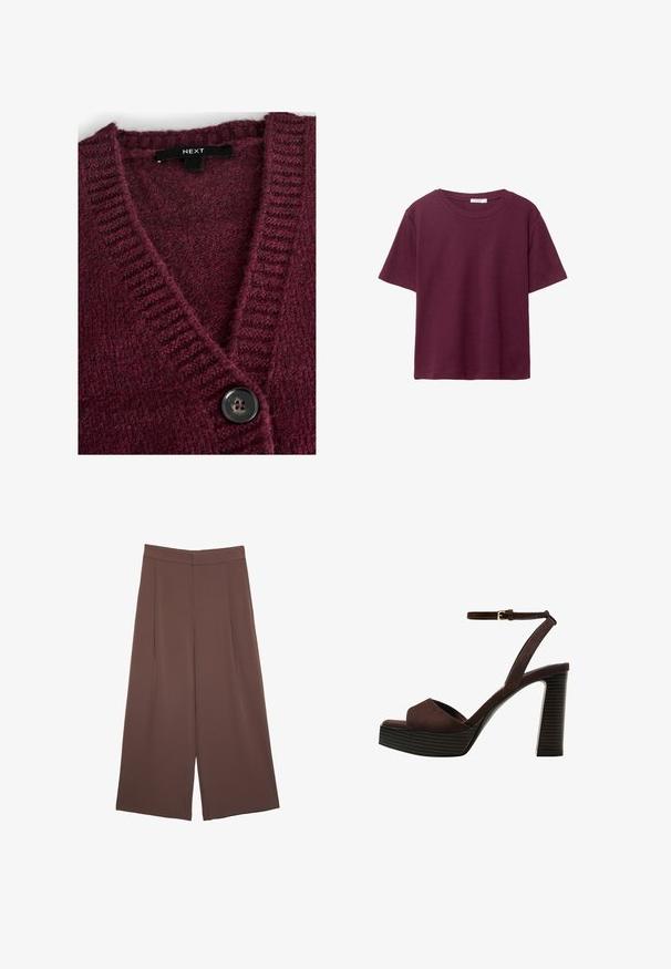 Bordeaux strikket cardigan med V-hals, ribbet tekstur og en stor sort knap foran. Etiketten siger "NEXT."; Bordeaux kortærmet T-shirt lavet af blødt bomuld. Har en klassisk rund halsudskæring og en afslappet pasform. Ensfarvet tekstur, ingen mønstre eller accenter.; Brune bredbunde bukser med en glat tekstur, der har høj talje og plisseringer foran. Stoffet er let og falder løst.; Brune ruskinds højhælede sandal med åben tå, justerbar ankelrem og en stribet plade sål.