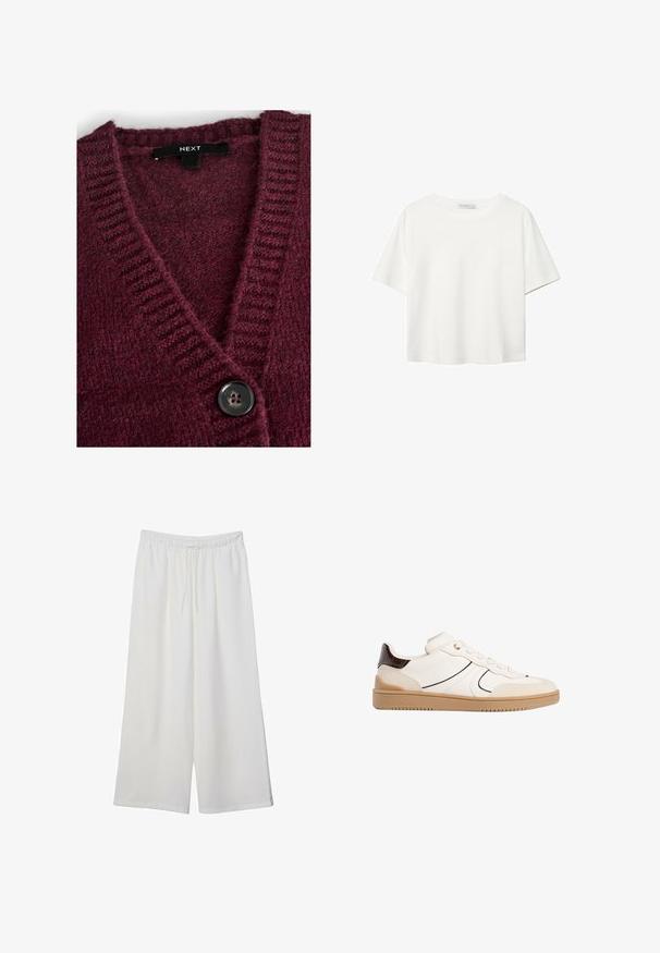 Burgunderfarbener Strickcardigan mit V-Ausschnitt, gerippter Textur und einem großen schwarzen Knopf vorne. Das Etikett trägt die Aufschrift "NEXT."; Weißes T-Shirt mit kurzen Ärmeln aus Baumwolle. Hat einen Rundhalsausschnitt und eine lockere Passform. Glatte Textur ohne sichtbare Muster oder Akzente.; Weiße, weit geschnittene Hosen aus leichtem Stoff, mit einem elastischen Bund und einem Zugband für eine verstellbare Passform. Glatte Textur.; Stradivarius Sneaker low - white
