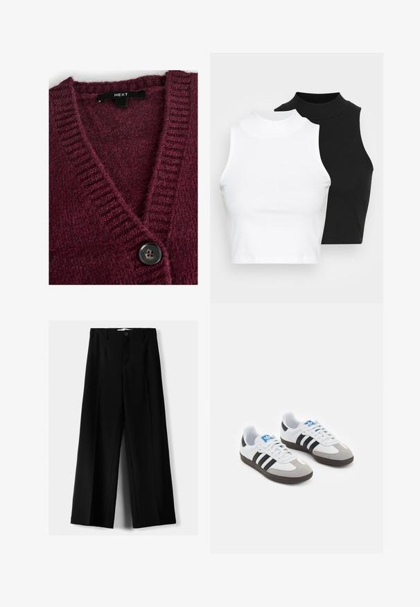 Burgunderfarbener Strickcardigan mit V-Ausschnitt, gerippter Textur und einem großen schwarzen Knopf vorne. Das Etikett trägt die Aufschrift "NEXT."; Zwei ärmellose, gerippte Rollkragenoberteile in Schwarz und Weiß, mit einer figurbetonten Passform und glatter Textur sowie einer cropped Länge.; Schwarze weite Hosen aus leichtem Stoff, mit einem Knopfverschluss vorne und flachem Bund, mit sorgfältig genähten Säumen.; Sportschuhe mit einem Obermaterial aus weißem Leder, grauer Wildleder-Zehenkappe und drei schwarzen Streifen. Sie verfügen über ein blaues Logo auf der Zunge und eine strukturierte Gummisohle.