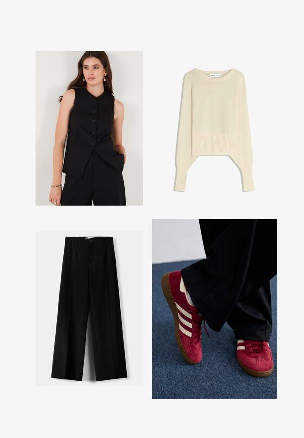 Črna brezrokavnica z visokim ovratnikom, z gumbi, dvema stranskima žepoma in prilegnjenim dizajnom.; Svetra v svetlem bež odtenku, skrajšanega kroja, izdelana iz mehke pletene tkanine, ima širok izrez, spuščena ramena ter rebraste manšete in spodnji rob.; Črne široke hlače iz lahkega materiala, z zapiranjem na gumb spredaj in ravnim sprednjim delom, s skrbno zašiti robovi.; Rdeče semiš superge z belimi črtami, zavezovanje in strukturiran rjav gumijast podplat. Nosi se z črnimi hlačami, na modrem preprogi.