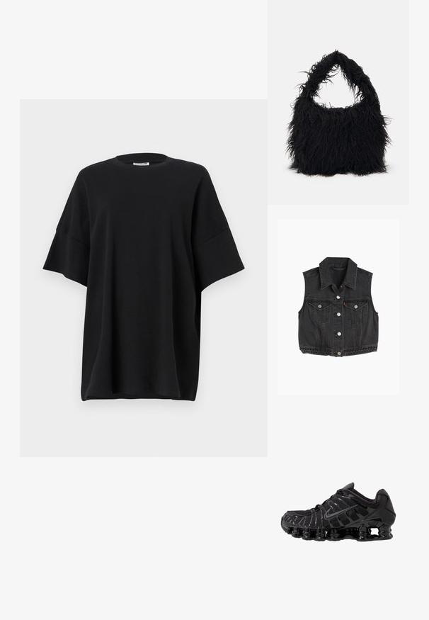 Crni traper bez rukava s oštrim kragnom, prednjim gumbima, dva džepa na prsima i pletenim detaljima duž rubova.; Crni oversized majica od pamuka, s okruglim izrezom i kratkim, širokim rukavima, glatke teksture i opuštenog kroja.; Crne atletske cipele s mrežastim gornjim dijelom i sjajnim premazima. Imaju zakrivenu zavojnicu za amortizaciju i teksturirane linije sa strane. Vidljiv Nike logo.; Even&Odd Velika torba - black