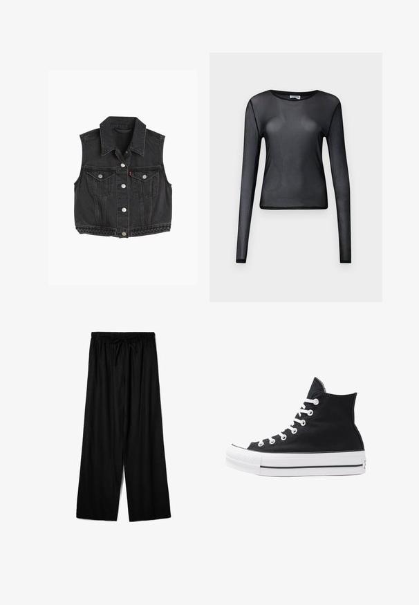 Crni traper bez rukava s oštrim kragnom, prednjim gumbima, dva džepa na prsima i pletenim detaljima duž rubova.; Crna majica dugih rukava izrađena od prozirnog materijala, s okruglim izrezom i uskim krojem, s finim rubovima.; Crne široke hlače napravljene od laganog materijala, s elastičnim pojasom i vezicom za prilagodljivo oblikovanje. Glatka tekstura.; Visoke crne platnene tenisice s bijelim rupama, vezicama i gumenim potplatom. Imaju teksturirani vrh i crno-bijele pruge kao ukrase.