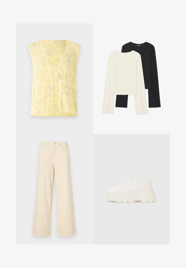 Colete amarelo tricotado com decote em V, padrões de renda e fecho em laço na frente. Textura suave com um ajuste descontraído.; Conjunto de duas blusas de manga longa em branco e preto. Textura canelada, decote redondo, design ajustado com mangas ligeiramente evasê.; Jeans de perna larga bege feitos de algodão. Apresentam um fecho de botão, passadores para cinto e bolsos frontais com uma textura lisa e suave.; Sapatilhas brancas em lona com sola espessa, biqueira arredondada e cinco ilhós para atacadores. Laço traseiro para calçar facilmente. Textura suave, design minimalista.