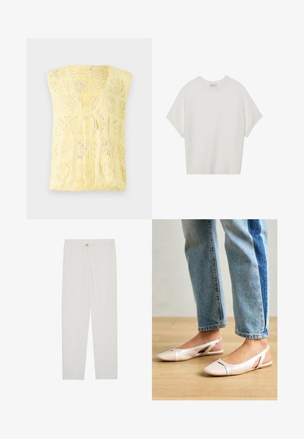 Vesta tricotată galbenă cu decolteu în V, modele perforate și închidere cu fundă în față. Textură moale cu o croială relaxată.; Tricou alb cu mânecă scurtă, cu guler larg și model texturat cu dungi, realizat dintr-un material moale, având o croială lejeră și un design curat.; Pantaloni albi, croiți, cu un design drept al piciorului, având sistem de închidere cu nasture, bucle pentru curea și buzunare laterale; textură de țesătură netedă.; Sandalete plate de un roz pal cu vârf ascuțit, realizate dintr-un material asemănător pielii, neted. Prezintă detalii decupate pe laterale și un toc plat.