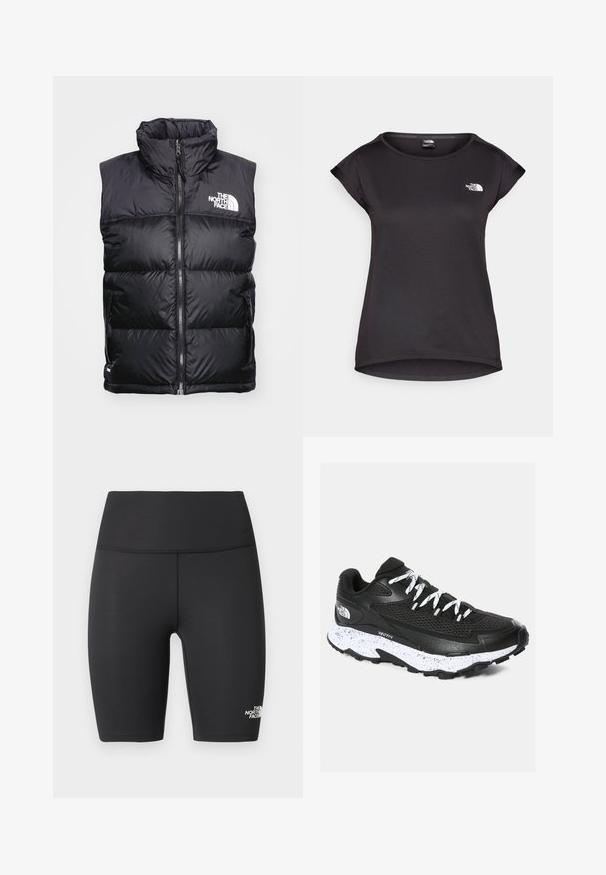 Svart puffert väst med hög krage, dragkedjestängning och vitt logotyp på bröstet. Har vadderade sektioner för isolering och sidofickor.; The North Face TANKEN TANK - T-shirt till träning - black; Svarta högmidjade atletiska cykelshorts med släta sömmar och The North Face-logotyp på nedre vänstra benet.; Svart träningsskor med meshuvändig och strukturerad design. Har vit prickig mellansula, tjock svart yttersula och reflekterande snören.