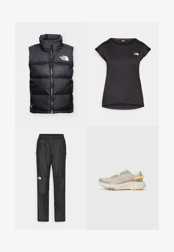 Melna pūkainā veste ar augstu apkakli, ar rāvējslēdzēju un baltu logotipu uz krūtīm. Iezīmēta ar pildītiem segmentiem izolācijai un sānu kabatām.; The North Face TANKEN TANK - Sporta krekli - black; Melnas ūdensnecaurlaidīgas bikses, kas izgatavotas no viegla materiāla, ar elastīgu jostu, sānu kabatām un logotipu uz kreisās kājas.; Gaiši bežs skriešanas apavi ar teksturētu sieta virsu, pelēkiem akcentiem, izturīgu gumijas zoli un aizmugurējo cilpu, kas atvieglo uzvilkšanu.