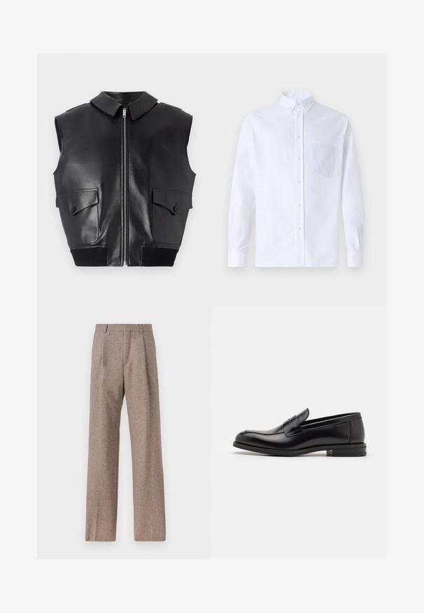 Čierny kožený bezrukávový vest s predným zipsom, špicatým golierom, dvoma prednými vreckami s chlopňou a rebrovaným čiernym pásom.; Biely dlhý rukáv košeľa s gombíkmi vyrobená z bavlny, s náprsného vrecka s tonálnou výšivkou, golierom a gombíkovými manžetami.; Hnedé, vysoké nohavice vyrobené z texturovanej látky. Majú široké nohavice a dva predné záhyby pre štruktúru. Úhľadné spracovanie bez viditeľného kovania.; Čierne kožené mokasíny s hladkou textúrou, zaoblenou špičkou a dekoračným pásikom cez priehlavok. Nízky vrstvený opätok, minimalistický dizajn.