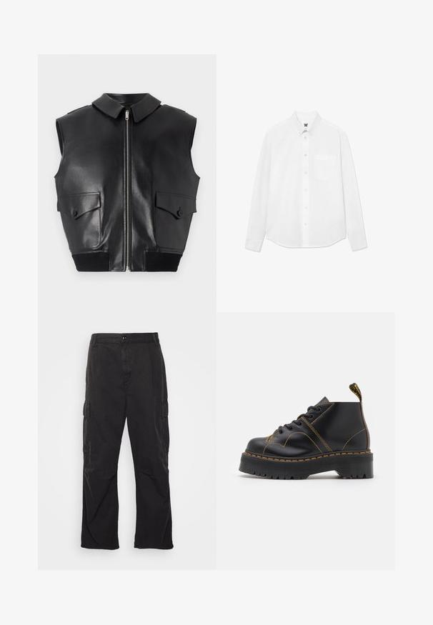 Fekete ujjatlan bőr mellény cipzáros elülső résszel, hegyes gallérral, két elülső flap zsebbel és bordázott fekete derékrésszel.; Fehér, hosszú ujjú, gombos ing, gallérral, elülső zsebből és finom textúrából. Az elülső gombolás gombokkal és egy kis logó részlettel rendelkezik.; Fekete cargo nadrág egyenes szárú fazonnal, két oldalsó zsebbel, gombos záródással és texturált anyaggal.; Fekete bokacsizma vastag, bordázott talppal, kontrasztos sárga varrással és húzófüllel a sarkán. Simító bőrből készült.