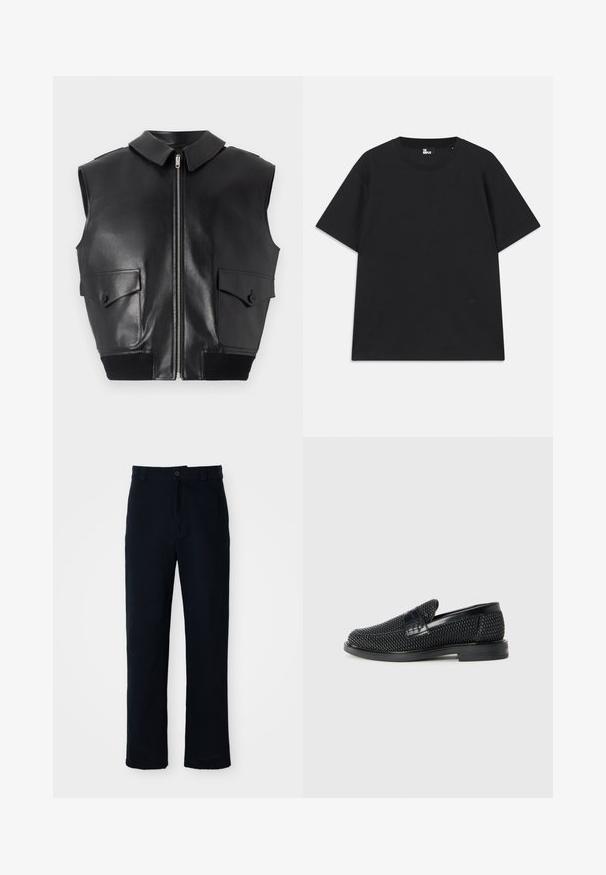 Zwarte mouwloze leren vest met een ritssluiting aan de voorkant, puntige kraag, twee voorflapzakken en een geribbeld zwart taillebanddetail.; Zwart kortebril T-shirt van katoen, met een ronde hals en een klein logo detail near de zoom. Gladde textuur, normale pasvorm.; Marineblauwe broeken van katoen, met een recht model, een sluiting met een knoop aan de voorkant en een klassieke tailleband met riemlussen.; Zwartegeweven instap schoenen met een glad leren accent aan de bovenkant, een ronde neusontwerp en een laag profiel rubberen zool.