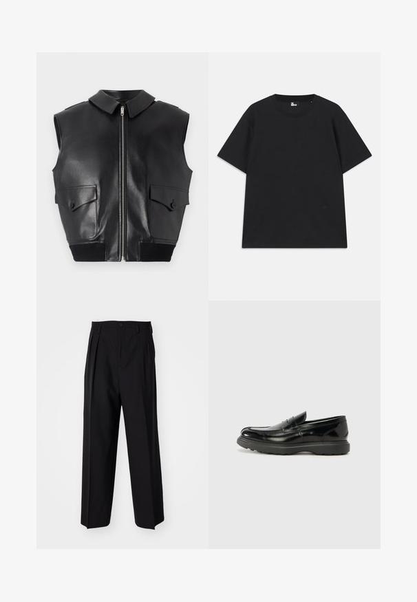 Juodas be rankovių odinis liemenė su užtrauktuku priekyje, smailiu apykakle, dviem priekinėmis kišenėmis su atvartais ir juoda juosmens juosta su raukiniais.; Juoda trumpomis rankovėmis marškinėliai iš medvilnės, su apvalia iškirpte ir mažo logo detale šalia apatinės siūlės. Lygus paviršius, standartinė silueto forma.; Juodi klostuoti kelnių, su tiesiu, plačiu kojų dizainu. Pagaminti iš lygios medžiagos, su mygtukų uždarymu ir diržo kilputėmis.; Juodas odinis loaferis su blizgiu paviršiumi, apvaliu pirštu, subtiliais siūlių detalėmis ir storu guminio pado, užtikrinančio ilgaamžiškumą.