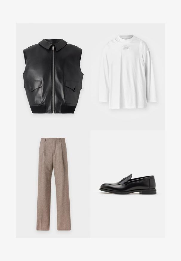 Musta ilma varrukatega nahkvest, millel on luku eest, terav krae, kaks eesmist klapiga taskut ja soonikkoes musta värvi vöökoht.; Feng Chen Wang DECONSTRUCTION UNISEX - Pikkade varrukatega topp - white; Prunnid, kõrge vöökohaga püksid, mis on valmistatud tekstureeritud kangast. Omavad laiu jalgu ja kahte eesmist voldikut struktuuri jaoks. Korralik viimistlus, ilma nähtava riistvarata.; Mustad mustad nahast loafers sileda tekstuuriga, ümarat ninaosa ja dekoratiivne riba vampi üle. Madal kihiline konts, minimalistlik disain.