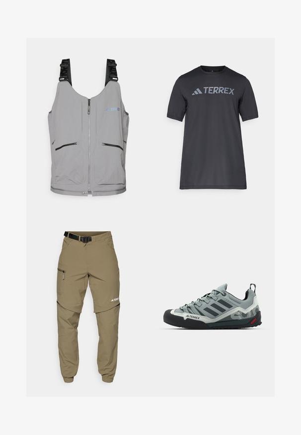 Graue Weste mit Reißverschluss und verstellbaren Trägern. Sie verfügt über zwei vordere Reißverschlusstaschen und dezente Logoakzente. Glatte Textur, leichtes Design.; Schwarzes T-Shirt mit kurzen Ärmeln aus leichtem Stoff, mit einem hellgrauen "TERREX"-Logo auf der Brust und einem Rundhalsausschnitt.; Khaki Outdoor-Hosen mit verstellbarem schwarzen Gürtel, Reißverschlusstaschen, schmal zulaufenden Bündchen und abnehmbaren unteren Beinen für vielseitige Stylingmöglichkeiten.; Graue Kletterschuhe mit einer strukturierten Oberseite, schwarzer Gummi-Zehenkappe, drei dunklen Streifen und einem kleinen roten Akzent an der Sohle.