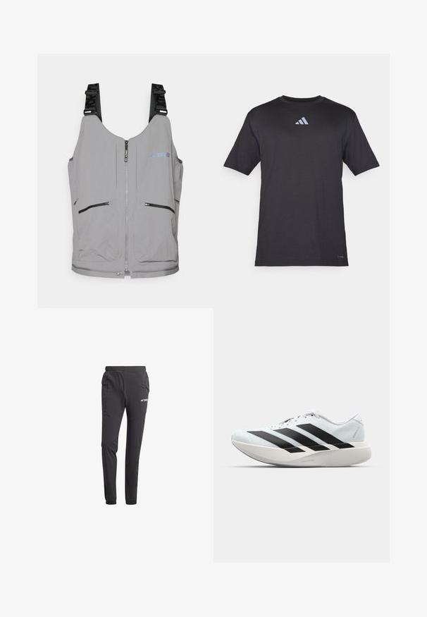 Pilkas liemenė su užtrauktuku ir reguliuojamais dirželiais. Turinti dvi priekinės kišenes su užtrauktuku ir subtiliais logotipo akcentais. Lygus paviršius, lengva konstrukcija.; Juoda trumparankovė sportinė marškinėliai iš lengvo audinio, su subtiliu atspindinčiu Adidas logotipo dizainu ant krūtinės.; Juodos sportinės kelnės, pagamintos iš lengvos medžiagos, su elastingu liemeniu, šoninėmis kišenėmis, siaurėjančiomis kojomis ir logotipo detale.; Lengvi bėgimo batai šviesiai mėlynos spalvos su juodomis juostelėmis. Yra lygus viršus, apvalus pirštas ir storas baltas vidpadis su užrašu "LIGHTSTRIKE PRO."