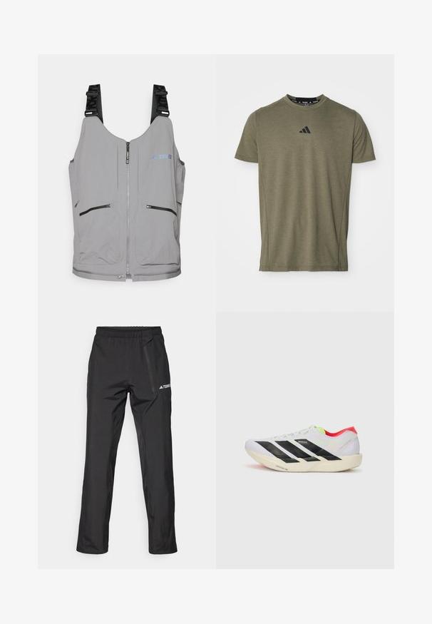 Graue Weste mit Reißverschluss und verstellbaren Trägern. Sie verfügt über zwei vordere Reißverschlusstaschen und dezente Logoakzente. Glatte Textur, leichtes Design.; Olivenfarbene kurzärmlige T-Shirt aus weichem Stoff, mit einem schwarzen Adidas-Logo auf der Brust und einem klassischen Rundhalsausschnitt.; Schwarze, leichte Outdoor-Hose mit elastischem Bund, Reißverschlusstaschen und gedrucktem Logo. Glatte Textur und gerade Beinführung.; Weißer Sportschuh mit schwarzen Streifen, neongrünen Akzenten und einer roten Ferse. Hat ein leichtes Design und eine strukturierte Sohle für besseren Grip.