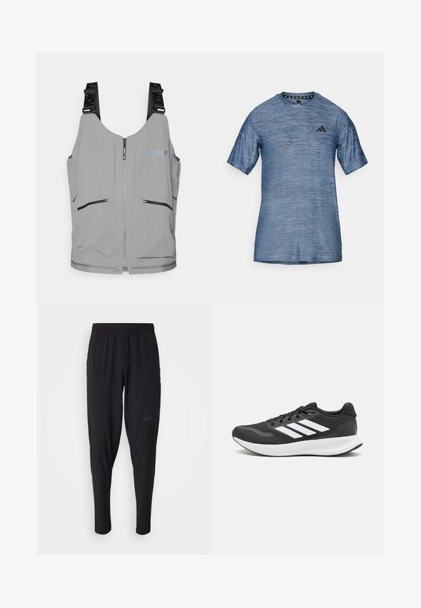 Siva brezrokavnik z zapiranjem na zadrgo in nastavljivimi trakovi. Ima dve sprednji žepni zadrgi ter subtilne logotipne detajle. Gladka tekstura, lahka zasnova.; adidas Performance STRETCH - Športne majice - glow blue/black; Črne športne hlače z elastiko v pasu, zožanega kroja, stranskimi žepi in diskretnim logotipom. Narejene iz fleksibilnega, zračnega materiala.; Črne športne čevlje z zračnim mrežastim zgornjim delom, belimi akcenti in oblazinjeno podplatom. Imajo tri črte logo na strani.