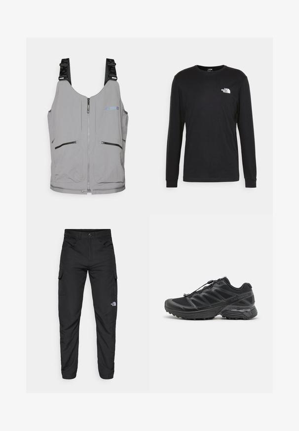 Colete cinza com fecho de zíper e alças ajustáveis. Apresenta dois bolsos frontais com zíper e detalhes discretos do logótipo. Textura suave, design leve.; Camisola de manga longa preta feita de algodão, com um logo branco no lado esquerdo do peito e punhos canelados. Textura suave com decote redondo.; The North Face HORIZON PANT - Calças para exterior - black; Sapatilha de corrida preta com parte superior em malha e material sintético, sola flexível e atacadores elásticos. Apresenta uma palmilha amortecida para conforto.