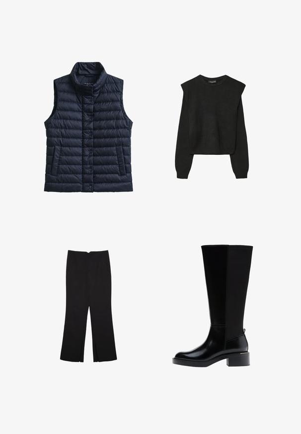 Temno modra puhasta brezrokavnik z lijakastim ovratnikom, zapiranjem na gumbe, dvema stranskima žepoma in prešito teksturo. Na prsih je diskretna blagovna znamka.; Črn dolgi pulover iz pletenine z oblazinjenimi rameni ter rebrastimi manšetami in robom, prikazan na beli podlagi.; Črne hlače ravnega kroja z naglavnimi žepi in stranskimi razporki na robu. Narejene iz mehke, gladke tkanine. Primerne za različne priložnosti.; Črni škornji do kolen z gladkim usnjenim zaključkom, izrazitim šivanjem, robustnim petnim delom in teksturirano zadnjo ploščo za dodatno zanimivost.