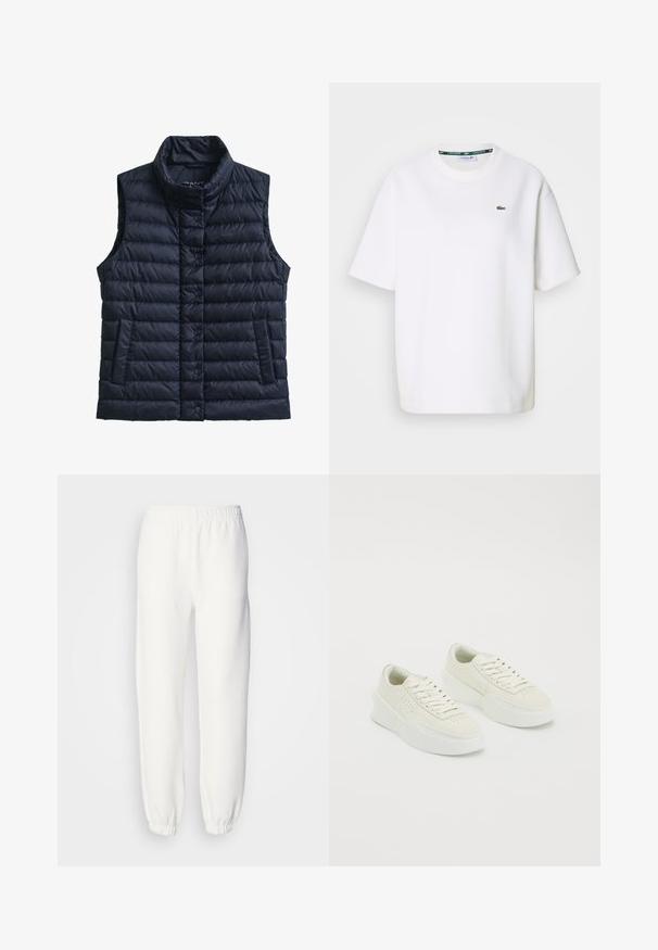 Tamsiai mėlyna pūkinė liemenė be rankovių su aukštu apykakliu, sagomis užsegama, dvi šoninės kišenės ir siuvinėta faktūra. Ant krūtinės subtilus prekės ženklo ženklinimas.; Balta trumpomis rankovėmis Lacoste marškinėliai su apvalia iškirpte ir mažu žaliu krokodilu logotipu kairėje krūtinės pusėje.; Balti sportiniai džinsai, pagaminti iš minkštos, megztos medžiagos. Elastinga juosta ir rankogaliai suteikia patogų prigludimą. Minimalistinis dizainas, be matomų raštų ar akcentų.; Balti žemi sportbačiai su storomis padangomis ir raišteliais, su perforuotais iškirpimais šonuose ir ant kojų pirštų, rodomi ant balto fono.
