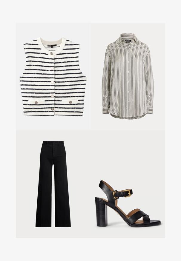 Stripet vest i hvit og marineblå, strikket stoff med glitrende paljetter, har rund halsutskjæring, knappelukking og frontlommer.; Knappe skjorte i lett stoff, med vertikale svarte og hvite striper, spiss krage, lange ermer og avrundet nederkant.; Svart brede benbukser laget av vevd stoff, med høy midje, frontlukking med knapp og sidelommer. Glatt tekstur med rene linjer.; Svarte lær hæler med krysset stroppdesign og spenning. Har en kraftig hæl og glatt tekstur.