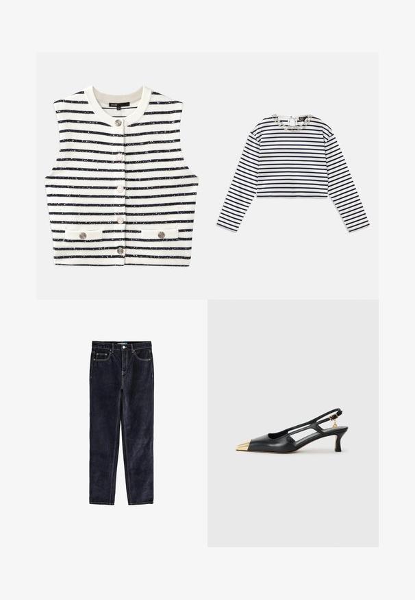 Črtast brezrokavnik v beli in mornarski barvi, pletena tkanina s svetlečimi bleščicami, z okroglo izreznico, zapiranjem na gumb in sprednjimi žepi.; Črtasta bluza z dolgimi rokavi v beli in mornarsko modri barvi, krajša zasnova z okroglim izrezom, ki ima dekorativno srebrno verižico na ovratniku.; Temne jeans hlače ravnega kroja, sprednji žepi, majhen žep za kovance ter kontrastni šivi. Elastičen pas za udobje.; Črne usnjene sandače s koničastim nosom in zlatim kovinskim špirom. Imajo izrezljan dizajn in vitko peto z nastavljivim trakom.