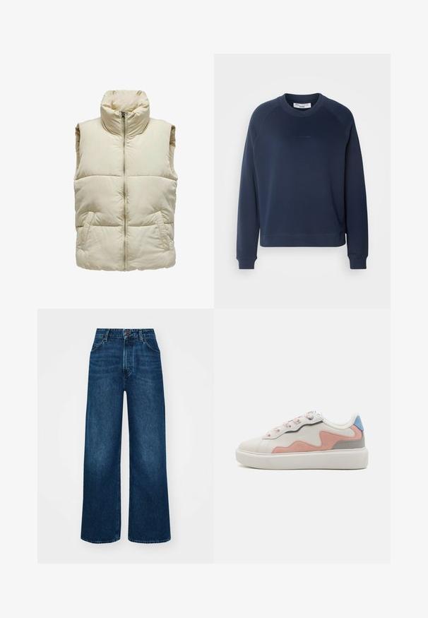 Puchowa beżowa kamizelka z wysokim kołnierzem, zamkiem błyskawicznym z przodu i dwoma bocznymi kieszeniami. Posiada pikowany wzór, który dodaje tekstury i ciepła.; Granatowa bluza z długimi rękawami raglanowymi, okrągłym dekoltem i ściągaczami na mankietach. Tkanina o fakturze oraz subtelne logo z przodu.; Jeans o wysokim stanie i szerokich nogawkach w ciemnoniebieskim deninie o gładkiej fakturze, z kontrastowymi szwami i pięcioma kieszeniami. Zapięcie na guzik z przodu.; Niskie sneakersy z białą syntetyczną cholewką, różowymi i szarymi akcentami z zamszu, teksturowaną białą gumową podeszwą oraz kolorowymi sznurowadłami.