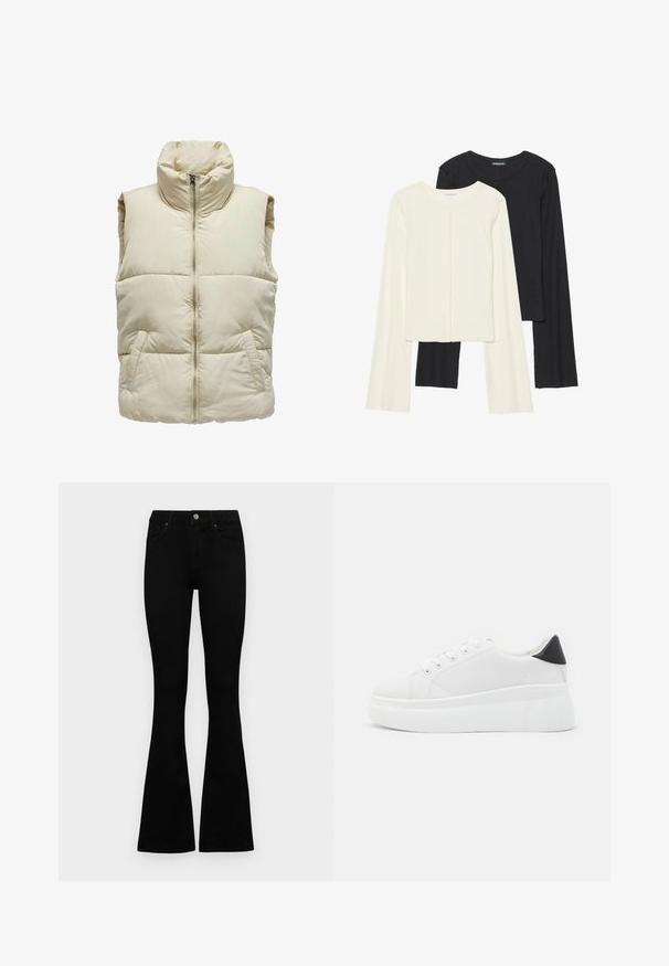 Pūkuotas smėlio spalvos liemenė su aukštu apykaklė, priekinė užtrauktuką ir dvi šonines kišenes. Yra siuvinėtas raštas, kuris suteikia papildomo tekstūros ir šilumos.; Dviejų ilgomis rankovėmis marškinėlių rinkinys, baltas ir juodas. Raukšlėta tekstūra, apvalus kaklas, prigludusi forma su šiek tiek platėjančiomis rankovėmis.; Juodos aukšto liemens džinsai su mygtuku ir užtrauktuku, priekinėmis kišenėmis ir platėjančiomis kojomis, išdėstyti ant baltos fono.; Balti platforminiai sportbačiai, pagaminti iš lygios sintetinio audinio, su apvaliu pirštu, raištelių užsegimu ir tekstūruota guma padanga. Juodas kulno akcentas.