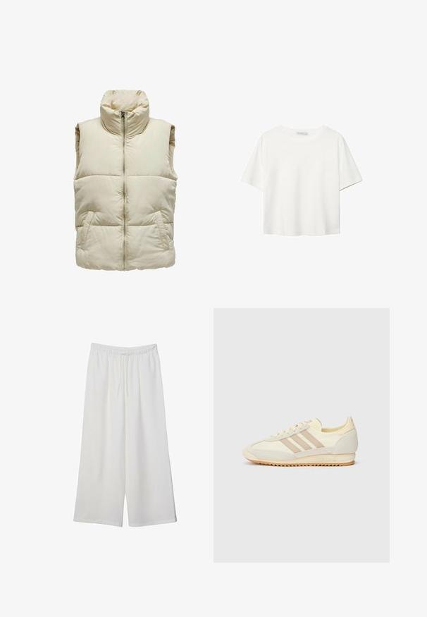 Puffig beige väst med hög krage, framtida dragkedja och två sidofickor. Har ett quiltat mönster för extra struktur och värme.; Vit t-shirt med kort ärm i bomull. Har en rundad halsringning och en avslappnad passform. Slät textur utan synliga mönster eller detaljer.; Vita vida byxor i lätt tyg med elastisk midja och dragsko för justerbar passform. Mjuk textur.; Krämfärgade atletiska sneakers med tre beige ränder, i mocka och textilmaterial, med en texturerad sula och präglad logotyp på hälen.