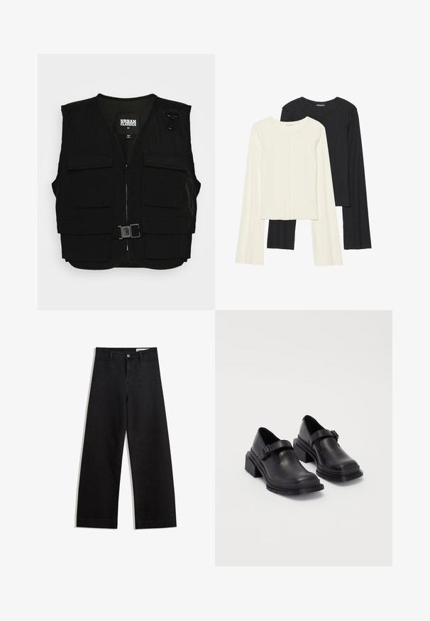 Crni prsluk s patentnim zatvaračem sprijeda, mrežastom podstavom i višestrukim prednjim džepovima. Uključuje metalne kopče i detalj s kopčom. Velicina medium.; Set od dvije duge majice s dugim rukavima u bijeloj i crnoj boji. Rebrasta tekstura, okrugli izrez, uski kroj s blago raširenim rukavima.; Crne široke traperice s visokim strukom, s prednjim i stražnjim džepovima, šivenim šavovima i kopčanjem na gumb. Glatka tekstura.; Crne kožne cipele s okruglim vrhom, ravnim đonom i remenom s detaljem kopče. Debeli blok peti za dodatnu stabilnost.