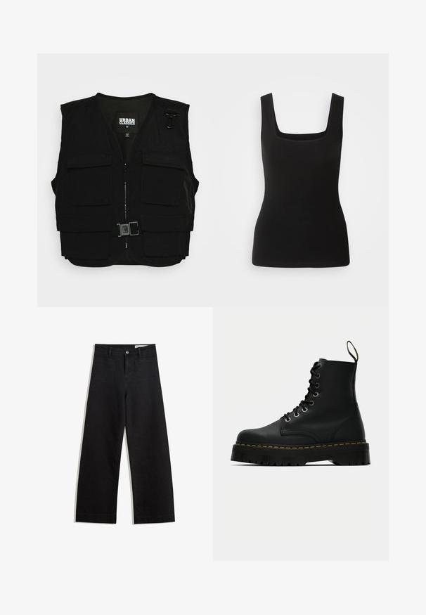 Schwarze Weste mit einem Reißverschluss vorne, Netzfutter und mehreren Fronttaschen. Enthält Metallclip-Beschläge und ein Schnallen-Detail. Größe mittel.; Schwarzes ärmelloses Tanktop mit quadratischem Ausschnitt, aus glattem Stoff gefertigt; enganliegendes Design ohne Muster oder Hardware-Details.; Schwarze weit geschnittene Jeans mit hoher Taille, ausgestattet mit Vorder- und Hintertaschen, gesteppten Nähten und einem Knopfverschluss. Glatte Textur.; Schwarze Leder-Schnürstiefeletten mit einer dicken, strukturierten Gummisohle und gelben Steppnähten um die Plattform.