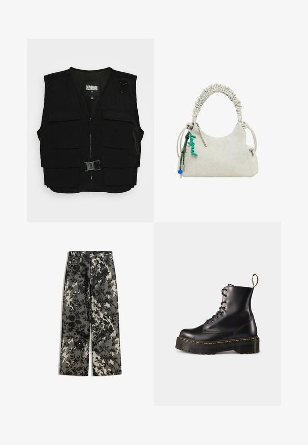 Czarna kamizelka z zamkiem z przodu, siateczkowym wykończeniem i wieloma kieszeniami z przodu. Zawiera metalowe elementy mocujące oraz detal z klamrą. Rozmiar średni.; Trzy bluzki z długim rękawem w kolorze jasnoniebieskim, czarnym i białym. Projekt ma okrągły dekolt i miękką, lekką teksturę materiału.; Spodnie o średniej długości z szerokimi nogawkami w teksturowany czarno-biały wzór kwiatowy na szarym tle, z klasycznym pasem w talii i kieszeniami z przodu.; Czarne skórzane buty za kostkę z sznurówkami, z masywną czarną podeszwą i żółtym przeszyciem. Posiadają pętelkę z tyłu oraz okrągłe metalowe oczka.; Niemrawa torebka z sztucznej skóry w kolorze off-white z marszczonym uchwytem, zamkiem błyskawicznym oraz zielonym charms. Gładka tekstura, dyskretny wytłoczony logo i elegancki design.