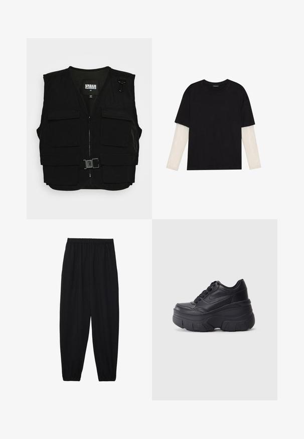 Svart väst med dragkedja fram, meshfoder och flera framfickor. Inkluderar metalldetaljer och spänne. Storlek medium.; Svart t-shirt i bomull, med korta ärmar över ett vitt långärmat lager med en subtil texturdesign. Rundad halsringning.; Svarta, lätta byxor med elastisk midja och samlade ankleder. Tyget är slätt och har en avslappnad, avsmalnande design.; Svarta snörskor med en tjock sula, med överdel i slät läder, rund tå och en distinkt lagerdesign på plattformen.