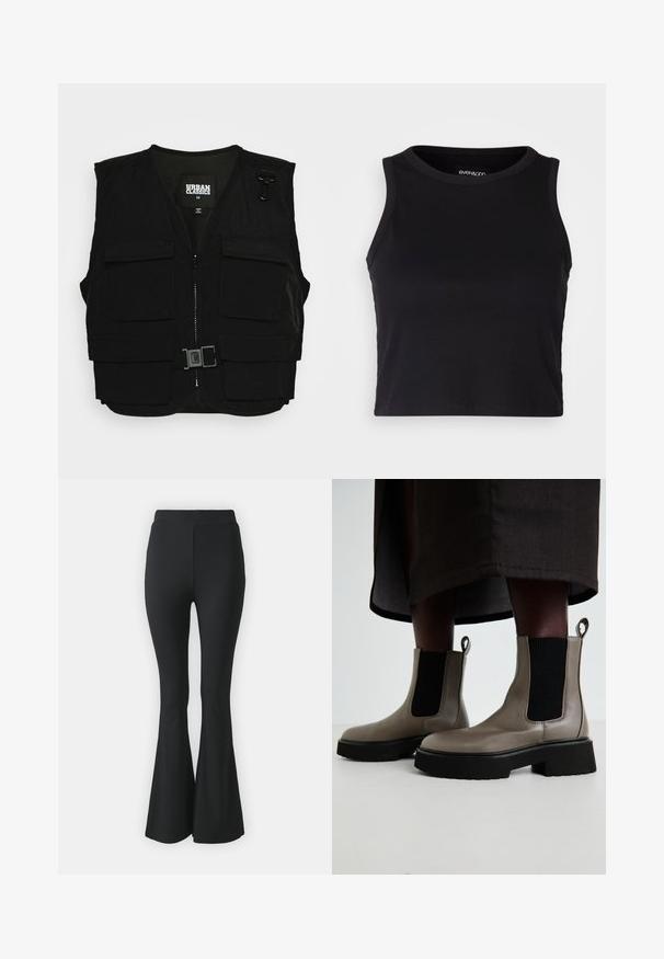 Must mustri, millel on lukuga eesmine osa, võrgusilma vooder ja mitu eesmist taskut. Includeerib metallklambri riistvara ja pandla detaili. Suurus keskmine.; Mustard ribaga lõhikuga crop top, millel on ümar kaelus ja ilma varrukateta disain. Valmistatud pehmest ja venivast kangast, millel on puhtad äärised.; Mustast lõtvuvate pükste, mis on valmistatud venivast kangast. Omab kõrget vööd ja sujuvat, keha järgivat disaini, mis laieneb põlve alt allapoole.; Hallide hallukad, mis on valmistatud tekstuursest nahast, millel on elastsed külgpaneelid ja massiivne must tald. Omab tõmblukke mugavaks selga panemiseks.