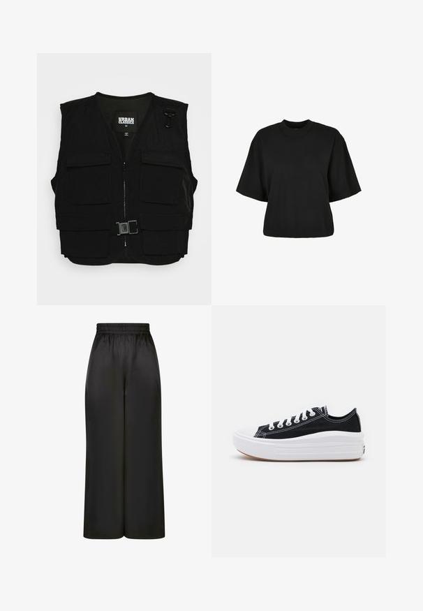 Crni prsluk s patentnim zatvaračem sprijeda, mrežastom podstavom i višestrukim prednjim džepovima. Uključuje metalne kopče i detalj s kopčom. Velicina medium.; Crna skraćena majica od pamuka. Ima kratke rukave i okrugli izrez. Glatka tekstura s jednostavnim dizajnom, bez dodatnih uzoraka.; Crne široke hlače napravljene od glatkog, sjajnog materijala s elastičnim pojasom i bez vidljivih džepova ili metalnih detalja.; Crne platnene tenisice s bijelim vezicama, bijelim gumastim vrhom i debelim bijelim međusolom. Imaju suptilnu bijelu šav, a đon je od gume.