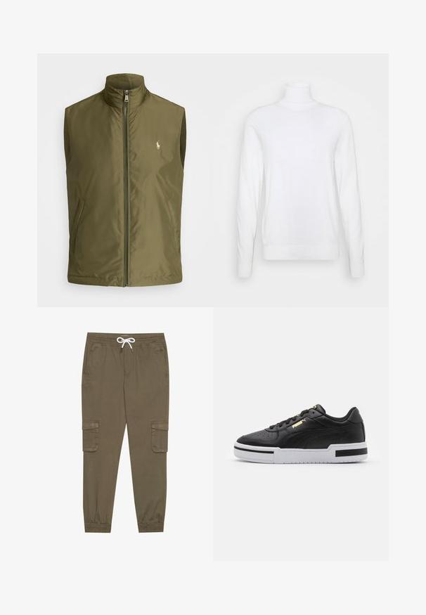 Colete sem mangas verde-oliva feito de um tecido leve, com gola alta, fecho frontal e um pequeno logótipo bordado no peito.; Pullover de gola alta branco com mangas longas, feito de um tecido suave. Apresenta um design ajustado e punhos e bainha canelados. Sem padrões ou acabamentos.; Calças cargos em caqui com cintura elástica e cordão, apresentando bolsos laterais e pernas com punhos. Feitas de um material texturizado e leve.; Sapatilhas de couro preto com entressola branca, bico perfurado, detalhe do logótipo em dourado, colarinho acolchoado e acentos pretos em contraste nas laterais.
