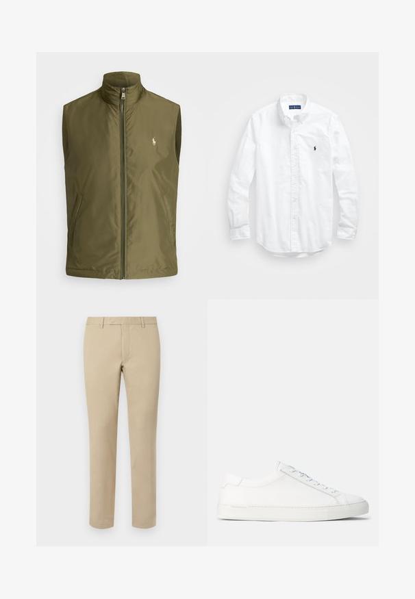 Olivenfarget ermeløs vest laget av lett stoff, med høy krage, glidelås foran og en liten brodert logo på brystet.; Hvit langermet skjorte i bomull med knapper. Har en klassisk krage, knappe mansjetter og en liten marineblå brodert logo på brystet.; Beige bomullsbukser med rett snitt, med beltehemper, flat front og skreddersydde nederkanter. Jevn tekstur og minimal detaljering.; Hvite lær sneakers med en jevn tekstur, rund form, flat gummisåle og hvite snører. Har et minimalistisk design og subtil merking.