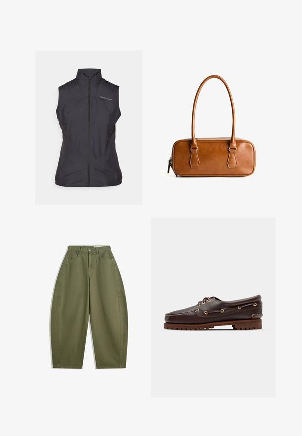 Gilet noir sans manches avec un col haut et une fermeture éclair à l'avant, fabriqué en matériau léger et lisse avec un subtil éclat. Logo sur la poitrine.; T-shirt à manches longues et col ras du cou en crème avec des rayures horizontales bordeaux, offrant une coupe décontractée et une texture de tissu douce et lisse.; Pantalons larges vert olive en coton, dotés d'une taille haute, de poches avant et d'une texture lisse. Sans ornements ni motifs.; Bateau en cuir marron avec des œillets dorés, des lacets ronds et une semelle en caoutchouc marron texturée. Présente des détails de couture et un logo en relief.; Sac à main en cuir marron avec deux longues poignées, de forme rectangulaire, texture lisse, fermeture éclair et accessoires en métal argenté.