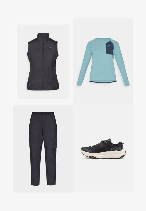 Gilet noir sans manches avec un col haut et une fermeture éclair à l'avant, fabriqué en matériau léger et lisse avec un subtil éclat. Logo sur la poitrine.; Chemise à manches longues en tissu texturé bleu clair. Présente une poche navy avec logo. Encolure ronde et design à ourlet incurvé.; Pantalons de randonnée navy à zip détachable, fabriqués en tissu léger et lisse. Comprend une poche zippée sur la cuisse et deux fermetures à boutons à la taille.; Baskets de sport noires avec une tige en mesh respirant, une semelle en caoutchouc, un intermédiaire de coussin en blanc et des lacets réfléchissants. Logo Vibram sur la semelle.