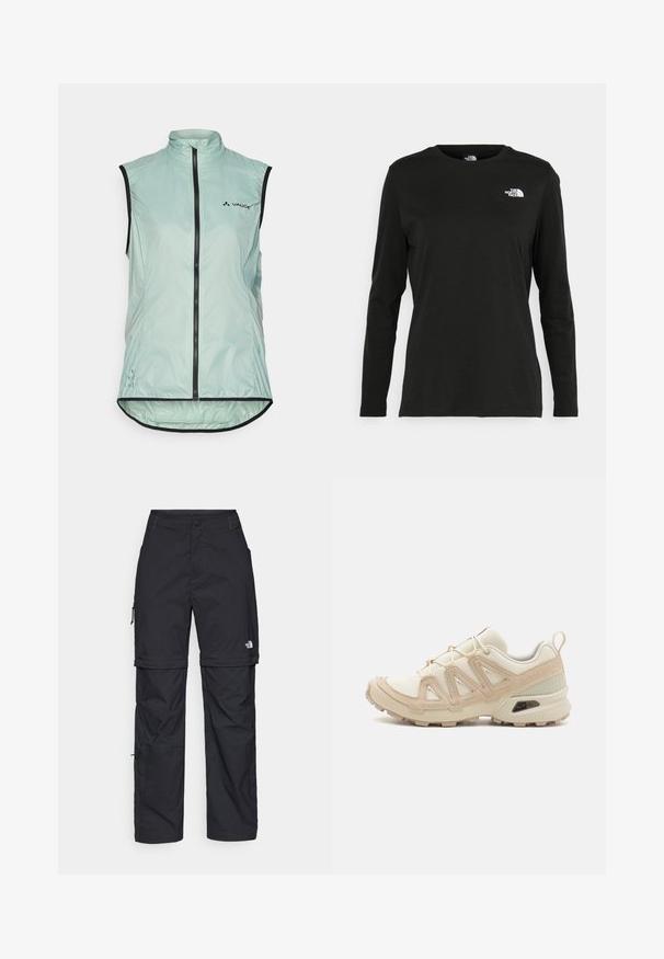 Ελαφρύ αμάνικο γιλέκο σε απαλό μέντα, κατασκευασμένο από μαλακό υλικό, με μπροστινό φερμουάρ, ψηλό γιακά και μαύρες λεπτομέρειες.; Μαύρο μακρυμάνικο μπλουζάκι από βαμβάκι με στρογγυλή λαιμόκοψη. Διαθέτει ένα μικρό λευκό λογότυπο στην αριστερή πλευρά του στήθους. Απλός σχεδιασμός και εφαρμογή.; Μαύρα νάιλον παντελόνια cargo με φερμουάρ που αφαιρούνται, ρυθμιζόμενους καρπούς, πολλαπλές τσέπες και λογότυπο στο δεξί πόδι. Απαλή, ελαφριά υφή.; Μπεζ και κρεμ αθλητικό παπούτσι με υφασμάτινη άνω επιφάνεια με υφή, υποστηρικτικά overlay και καουτσούκ σόλα με σχέδιο πέλματος για πρόσφυση.
