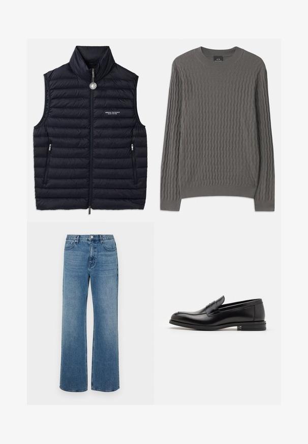 Navy puffer vest with high collar, front zip, two zippered pockets, and logo detail on the left side. Stitched, padded texture throughout.; Armani Exchange Jumper - dark gull zig zag; Wide-leg blue jeans made of denim with a faded finish. Features five pockets, a front button closure, and a straight cut.; Black leather loafers with a smooth texture, rounded toe, and a decorative strap across the vamp. Low stacked heel, minimalist design.