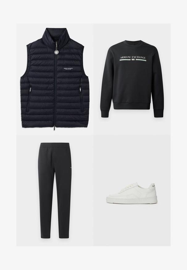 Marinblå puffärmad väst med hög krage, framzip, två dragkedjefickor och logodetalj på vänster sida. Stickad, vadderad textur över hela västen.; Svart sweatshirt tillverkad av mjukt tyg. Har rundad halsringning och långa ärmar. Framtill står det "ARMANI EXCHANGE" och "1991" i kontrasterande färger.; Svarta joggingbyxor i mjukt tyg, med elastisk midja, raka ben och en liten logotypdetalj på sidan.; Vita lädersneakers med en jämn yta, rund tå, platta snörningar och en strukturerad sula. Har en diskret logotyp på hälen.