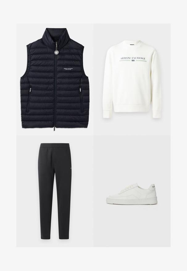 Navy puffer vest with high collar, front zip, two zippered pockets, and logo detail on the left side. Stitched, padded texture throughout.; White sweatshirt with round neckline, long sleeves, and ribbed cuffs. Features printed "Armani Exchange 1991" logo in blue and green.; Black jogger pants made of soft fabric, featuring an elastic waistband, straight legs, and a single small logo detail on the side.; White leather sneaker with a smooth finish, round toe, flat laces, and a textured sole. Features a subtle logo on the heel.