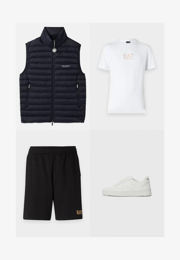 Marineblå puffervest med høy krage, frontglidelås, to glidelåslommer og logodetalj på venstre side. Sytt, polstret tekstur overalt.; Hvit bomulls t-skjorte med rund hals og korte ermer, med en gullfarget EA7 Emporio Armani-logo trykket på fronten.; Sorte treningsshorts laget av mykt stoff, med elastisk midje og en liten gul EA7-logo nederst på venstre ben.; Hvite lærersneakers med en jevn overflate, rund tå, flate lisser og en teksturert såle. Har en subtil logo på hælen.