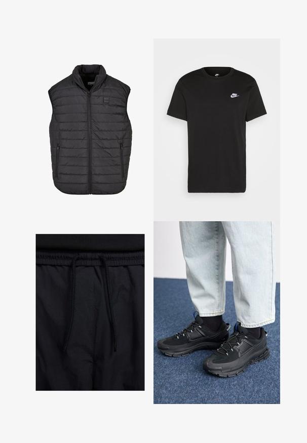 Črna brezrokavna puhasta jopica z visokim ovratnikom, zadrgo, dvema stranskima žepoma, horizontalnim šivom in majhnim logotipom na prsih.; Črna bombažna majica s kratkimi rokavi, okroglo ovratnikom in majhnim belim logotipom Nike na zgornji levi strani prsi. Gladka tekstura. Klasičen kroj.; Črne kratke hlače z vrvico v pasu, lahkotna tkanina z gladko teksturo in preprosto zasnovo brez vidnih logotipov ali vzorcev.; Črne športne čevlje z teksturirano tkanino in gumijastimi podplati, ki imajo elastične vezalke ter modre poudarke na peti. Nosi se z lahkimi denim hlačami.