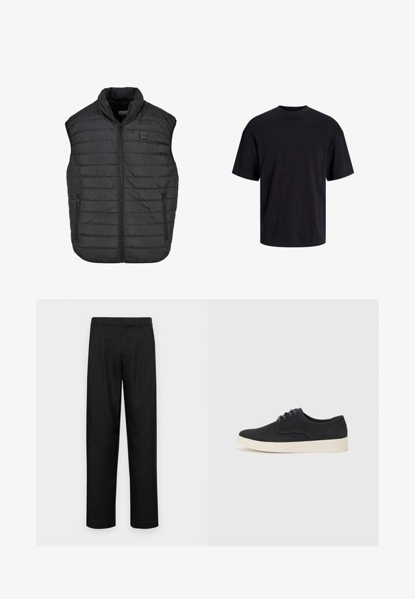 Juodas be rankovių pūkinis liemenė su aukšta apykakle, užtrauktuko uždarymu, dviem šoninėmis kišenėmis, horizontaliu siuvimu ir maža logotipo etikete ant krūtinės.; Juodas medvilninis marškinėlis su apvaliu iškirpimu, trumpomis rankovėmis ir laisvu siluetu. Glotni tekstūra, be matomų raštų ar akcentų.; Juodi kelnių modeliai, pagaminti iš lygios medžiagos, turi tiesią kojas, du priekiniai klostės ir standartinę juosmenį su diržo kilpomis.; Juodas zomšinės batų modelis su raišteliais, su apvalia nosimi, lengvu kreminiu padu ir subtiliais mėlynos siūlės akcentais ant viršutinės dalies.
